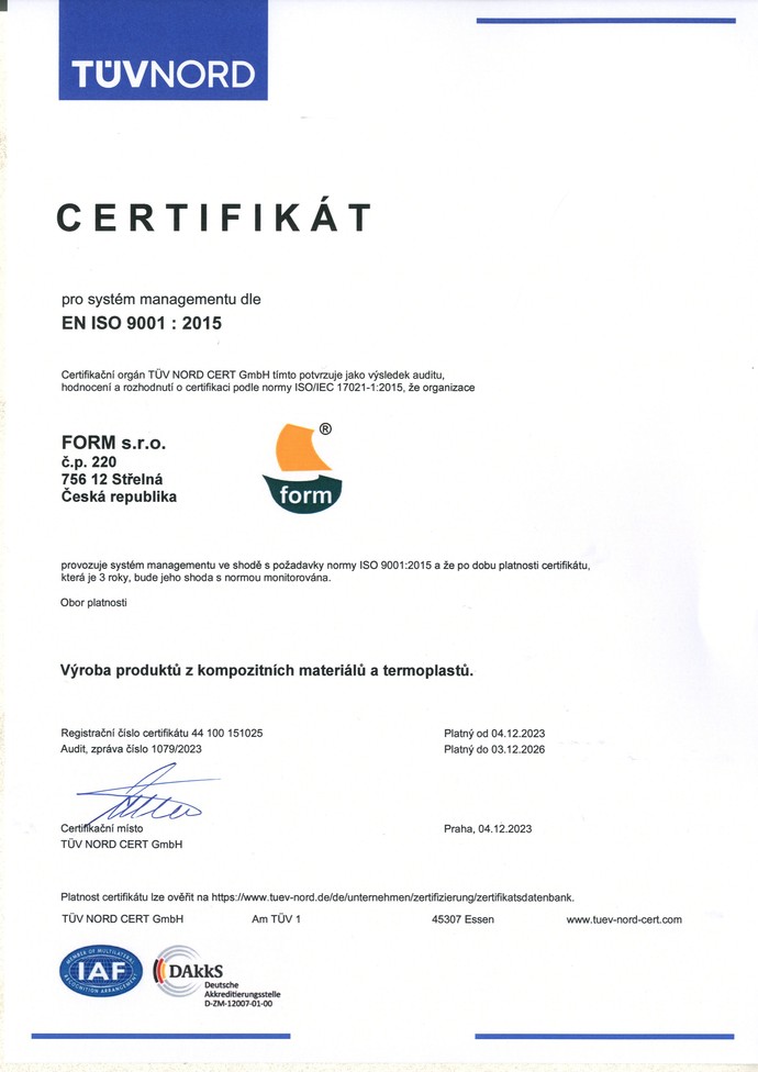 Certifikát na výrobu a prodej produktů z kompozitních materiálů a termoplastů.